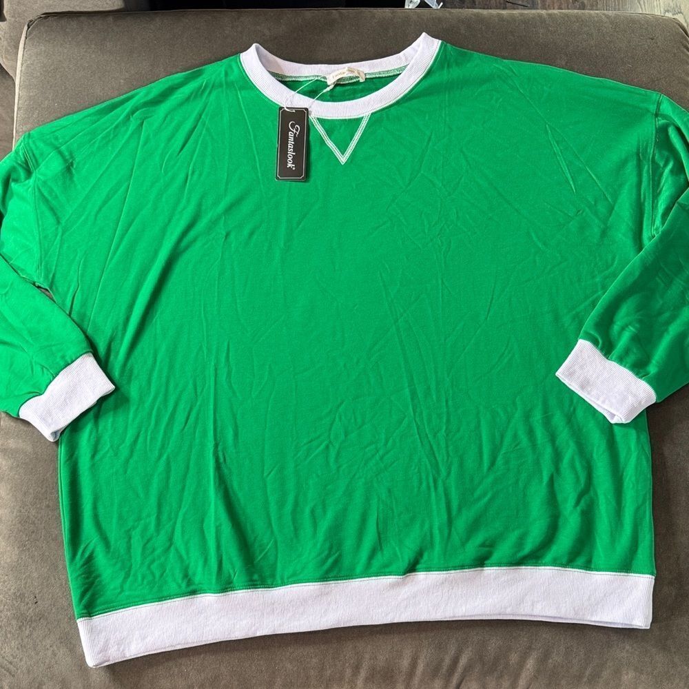 Women Fantaslook Green Plus Size Long Sleeve Sweater White Ribbed Detail 3XL NWT
